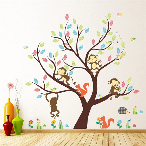 Vinil Infantil Arbol De Dibujos Animados Mono Ardilla