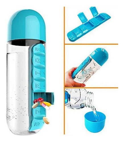 Termo Pastillero Botilo Agua Organizador De Pastillas 2en1 