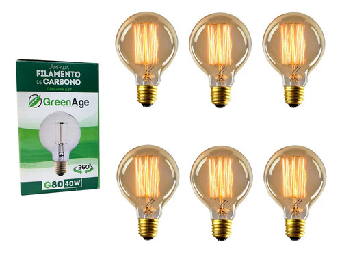 6 Lâmpada Filamento De Carbono G80 40w 220v E27 Retrô Decorativa Vintage Branco Quente - Green Age