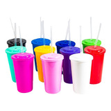 Pack 20 Vasos Plasticos Con Tapa Y Sorbete Colores Souvenir