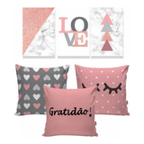 Kit 3 Quadros+3 Capas Almofadas Tons Rosa Cinza Amor Cílios 