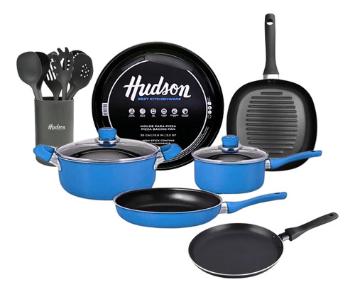 Juego Ollas Hudson Teflon Panque Bifera Pizzera Utens 14pz