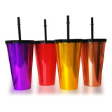 12 Vaso Metalico Reusable Fiesta Tapa Popote Plástico 600ml