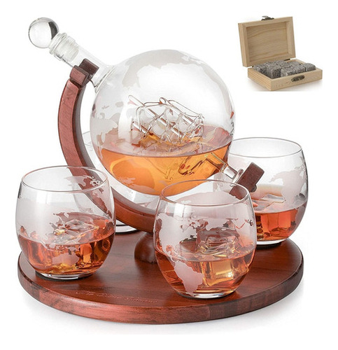 Decantador Whisky Globo Con Barco Antiguo, Piedras Y 4 Vasos