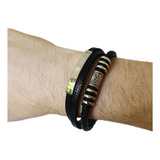 Pulsera Triple Simil Cuero Negro Acero Quirúrgico Imantada