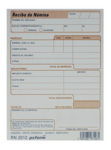 12 Block Recibo De Nomina Con 25 Juegos C/u Pcform  Rn2012  