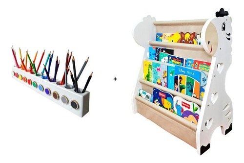 Rack Para Livros Infantil + Porta Lápis De Colorir Montessor