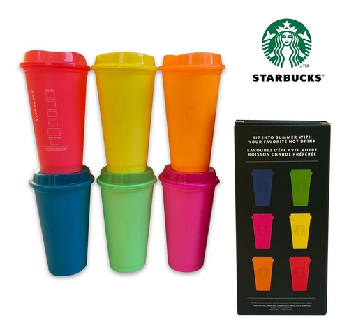 Set 6 Vasos Starbucks Reusables C/tapa Para Bebidas Caliente