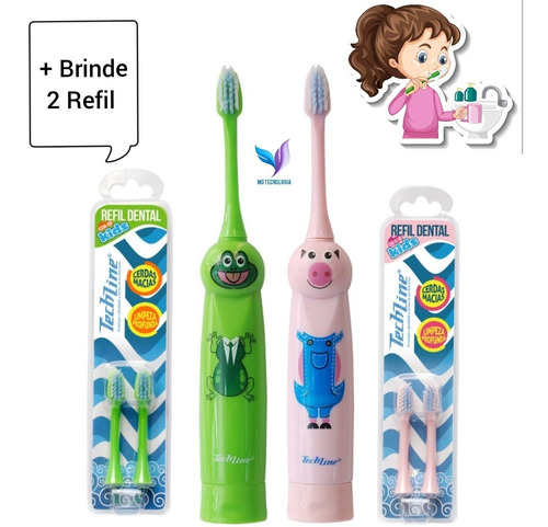 Kit Escova Dental Elétrica Menino Infantil 2 Refil Brinde 