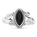 Anillo Espiral Y Hoja De Ónix Negro Marquesa - Plata De Ley 