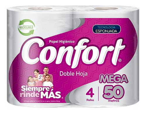 Papel Higiénico Confort Mega 50 Metros Doble Hoja X 4 Rollos