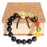 Pulsera Obsidiana Oro Pixiu Feng Shui Riqueza Salu