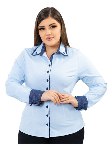 Camisa Manga Longa Detalhe Na Gola Plus Size 