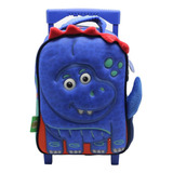 Mochila Escolar Mundo Dinos Brontosaurio Feliz Con Carro Color Azul Diseño De La Tela Liso