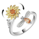 Anillo Flor Girasol Giratorio Plata 925 Antiestres Circonio