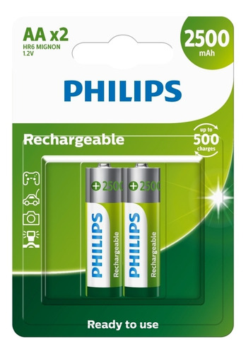 Pilha Recarregável Philips Aa 2500mah Blister Com 2 Unidades