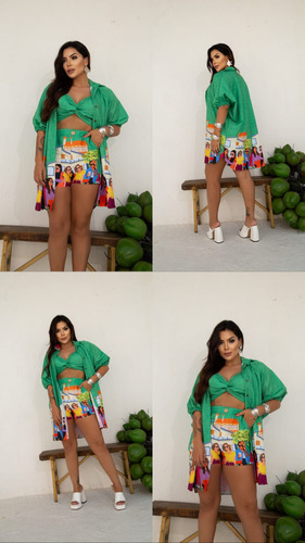 Conjunto Camisa Kimono Top Bojo E Shorts Moda Luxo Gringa