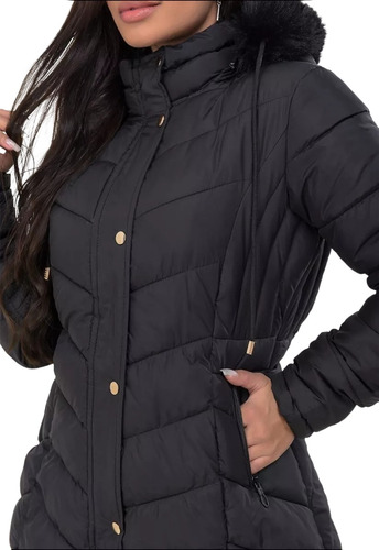 Jaqueta Nylon Preta Feminina Alongada Forrada Puffer Inverno