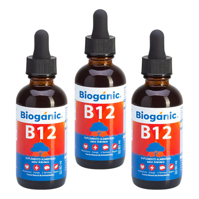 Bioganic paquete de 3 Frascos de Vitaminas B12 Líquida Sublingual, Vegana, Sin Azúcar, Sin Gluten, Sabor Arándano, 720 Porciones en Total, 240 Porciones por Envase de 60 ml Rinde Hasta 2 Años | Meses sin interés