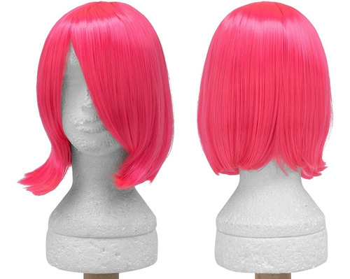 Peruca Rosa Neon Long Bob Com Franjão E-girl Cosplay Wig