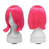 Peruca Rosa Neon Long Bob Com Franjão E-girl Cosplay Wig