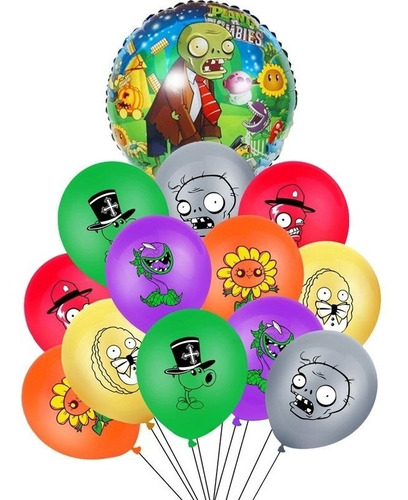 Set 13 Globos Plantas Vs Zombies Redondo Latex Y Metalizado