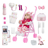 Boneca Estilo Reborn Baby Girafinha Loira 46cm Com Carrinho