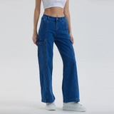 Jeans Mujer Wide Leg Cargo Azul Fashion's Park