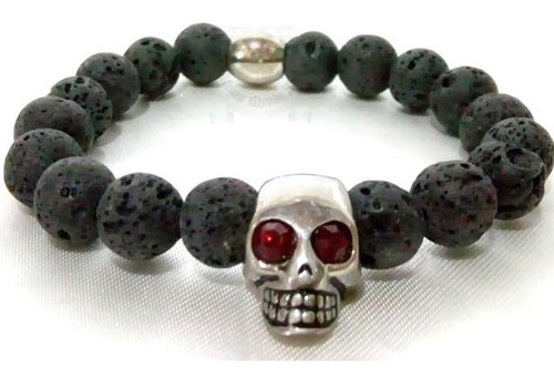 Pulsera De Hombre Elàstica Piedra Volcànica Calavera