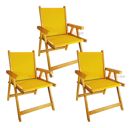 Kit 3 Cadeira Madeira Dobrável Área Jardim Varanda Amarelo