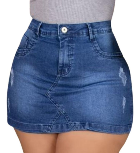 Short Saia Jeans Feminino Plus Size Cintura Alta Lycra