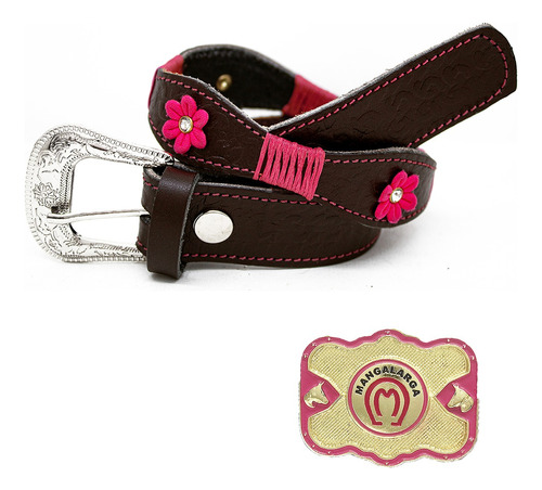 Kit Infantil Cinto Couro Rosa Flor + Fivela Cavalo Country