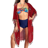 Tapado Kimono De Verano Floreado Con Flecos De Mujer