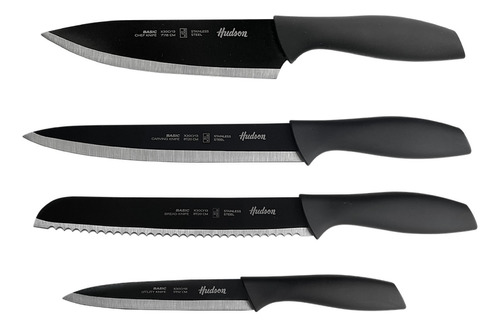 Set X4 Cuchillos Negro Chef Trinchador Pan Utilitario Basic