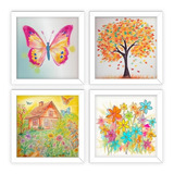 Kit 4 Quadros Decorativos Quarto Infantil, Borboleta, Flores