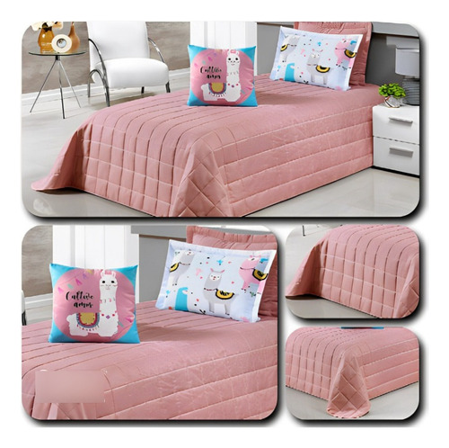 Kit Colcha Cobre Leito Kids Infantil 6 Pcs Matelado Solteiro Cor Lhama