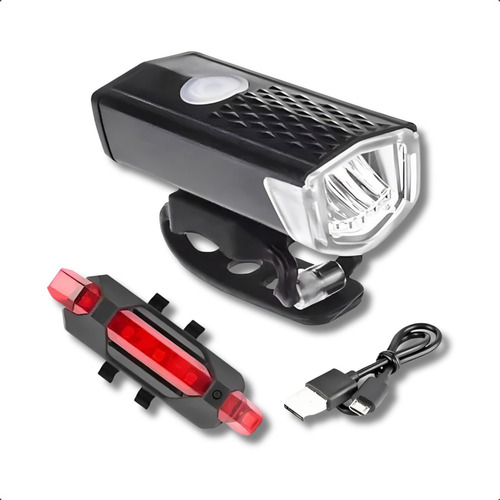 Kit Farol E Lanterna Bike Led Usb Recarregável Prova D'água. Cor Preto