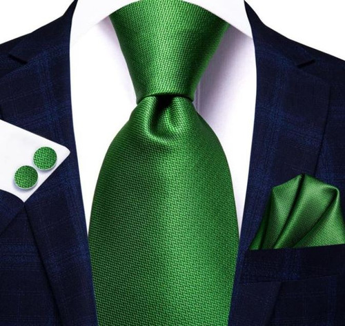 Set Corbata Pañuelo Mancuernillas Seda Jacquard - Verde 3364