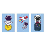 Kit 3 Quadros Astronauta Infantil Bebe Quarto Menino 0109