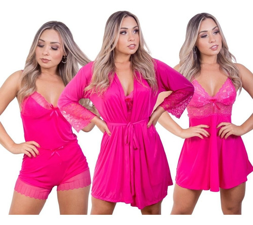 Kit Robe Roupão + Camisola De Renda + Baby Doll De Luxo