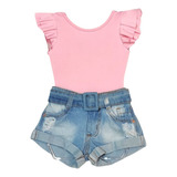 Conjunto Menina Blogueira Body Short Jeans Modinha Infantil