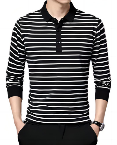 Camisa Polo De Manga Larga A Rayas Masculinas Moda Casual