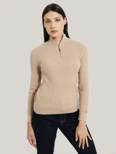 Sweater Solid De Algodón Con Cierre Café Tommy Hilfiger