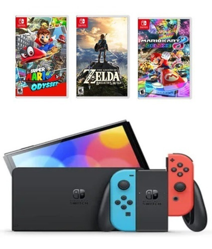 Consola Nintendo Switch  Oled Joy-con Roja Neon+3 Juegos Mzm