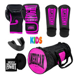 Kit Muay Thai Infantil Luva Caneleira Bolsa Bandagem Bucal