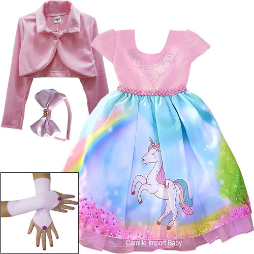 Vestido Infantil Unicórnio Rosa Luxo Bolero Tiara Luvas 4/16