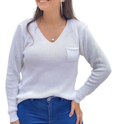 Blusa Tricot Bolsinho Na Frente Manga Longa Moda Feminina