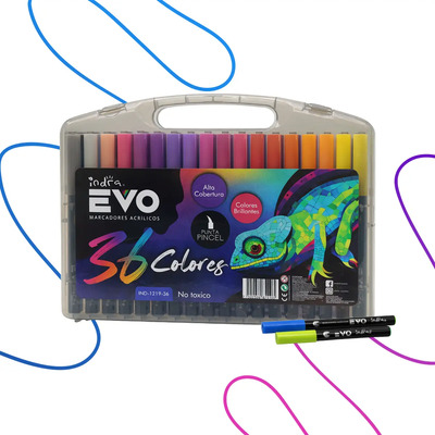 Marcadores Acrílicos Indra Evo Punta Pincel + Estuche 36 Pzs Colores Brillantes | MercadoLibre