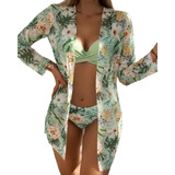 Conjunto De Kimono De Playa 2024 Para Mujer Y Bikini Floral
