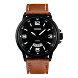 Reloj Hombre Skmei 9115 Cuero Ecologico Minimalista Elegante Color De La Malla Marrón Color Del Fondo Negro